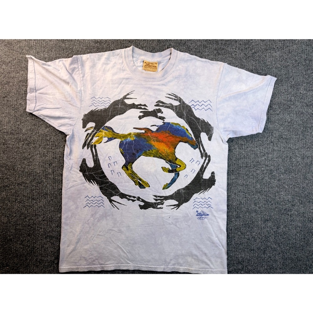 Vintage 90s The Mountain Horse Graphic Tee Large Blue Tie Dye Cotton USA Made L
